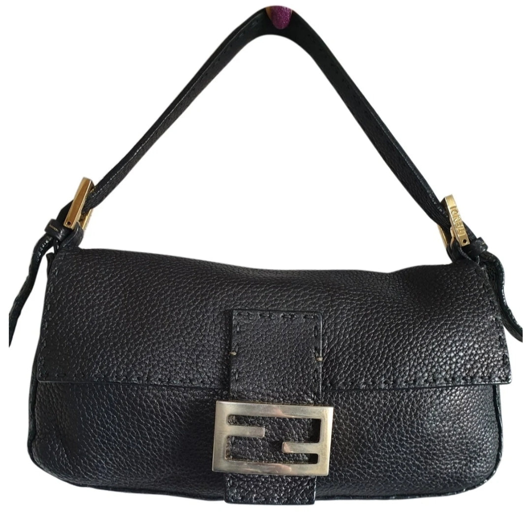 Vintage Fendi Black Leather Baguette Bag