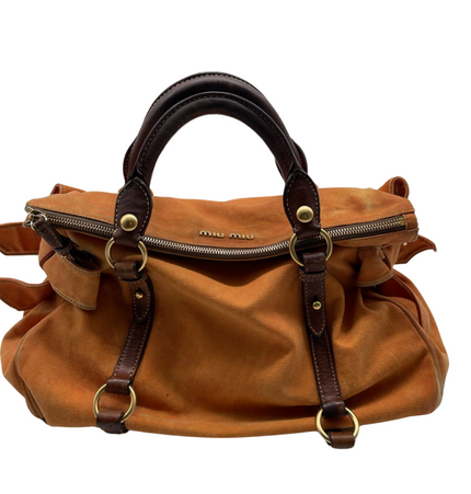 miu miu bow handbag in denim and leather trim