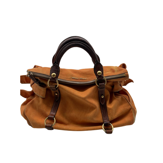 miu miu bow handbag in denim and leather trim
