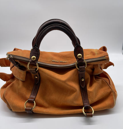 miu miu bow handbag in denim and leather trim