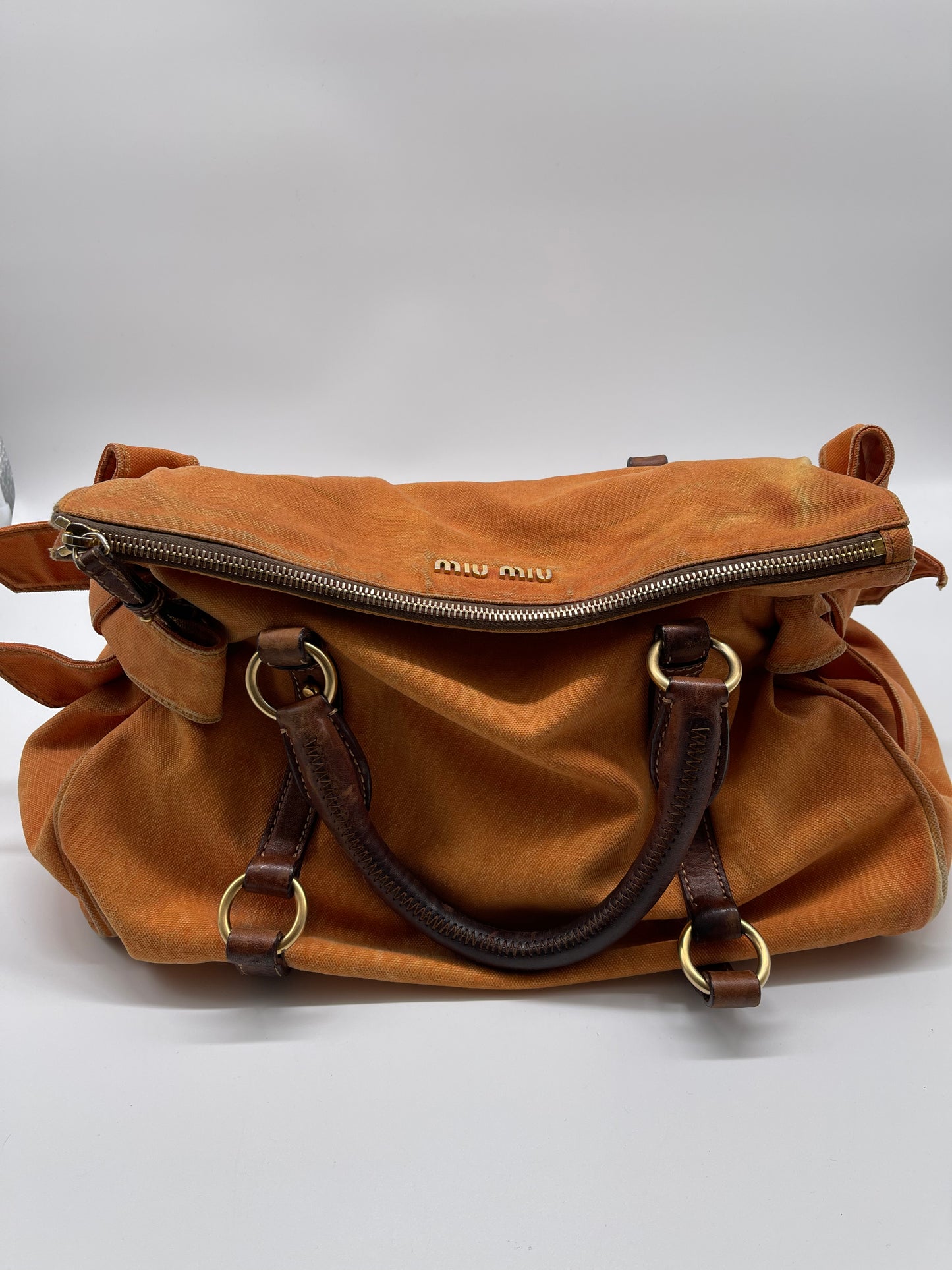 miu miu bow handbag in denim and leather trim