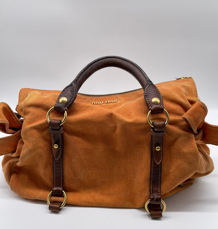 miu miu bow handbag in denim and leather trim